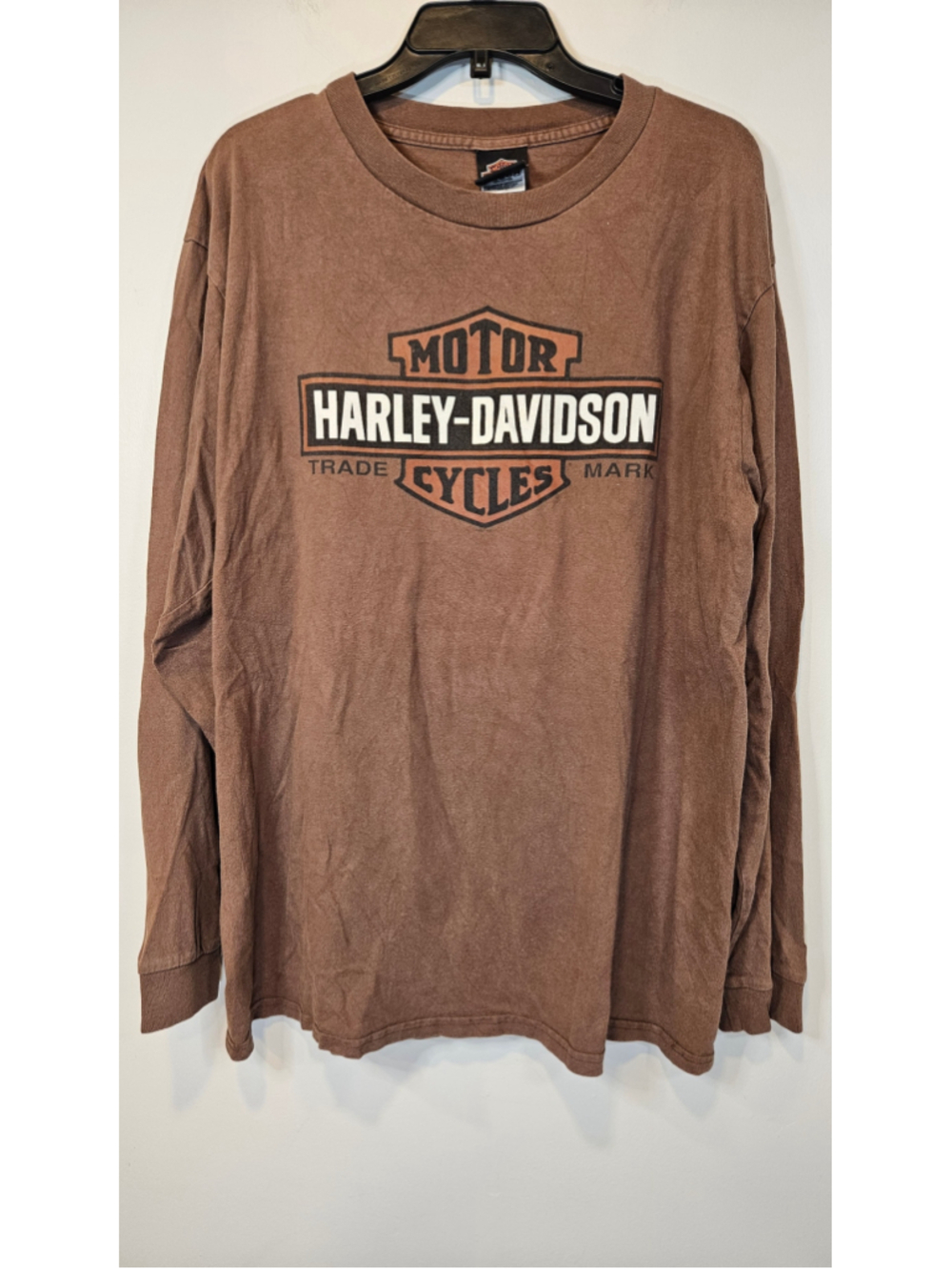 Vintage Harley Davidson Long Sleeve T Shirt XL Brown Made USA Bar Shield